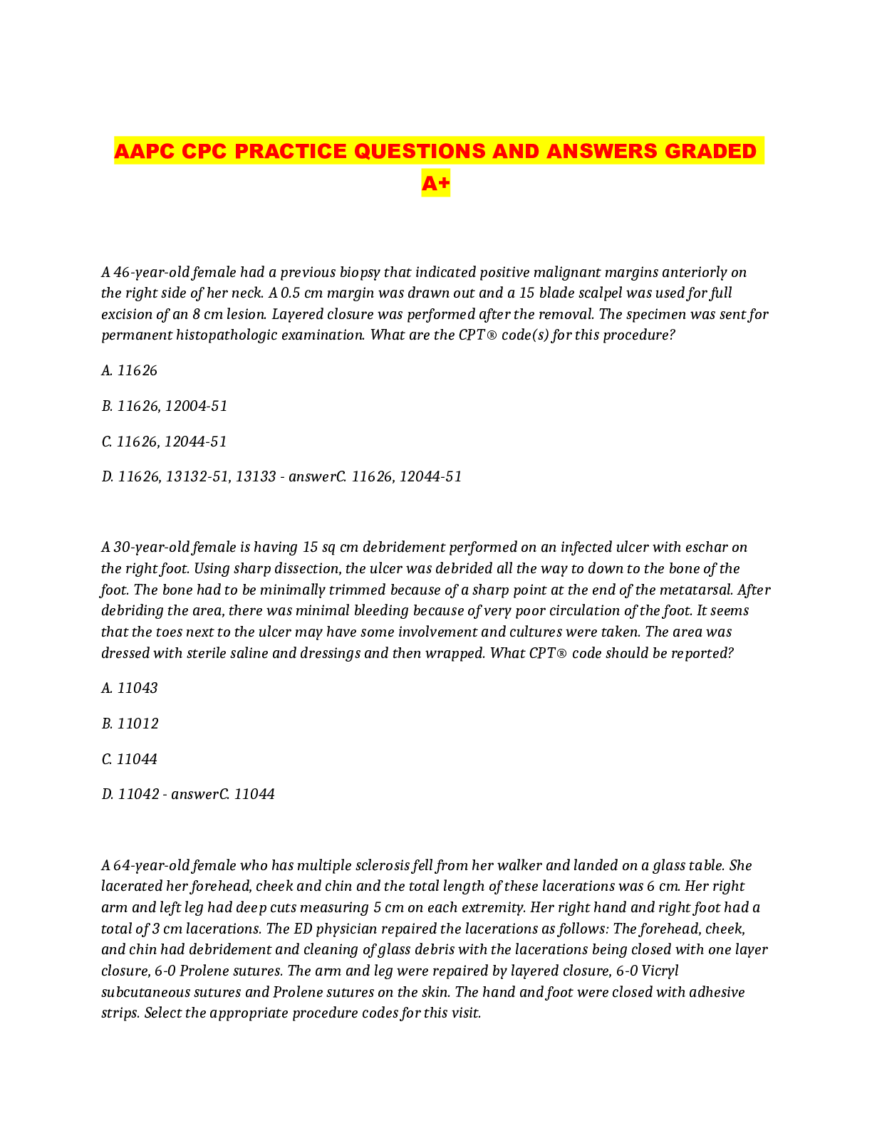 Preview of AAPC CPC PRACTICE QUESTIONS AND ANSWERS GRADED A+
